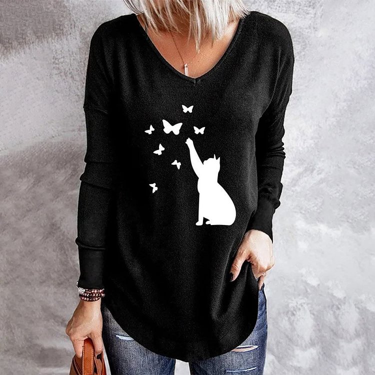 Vefave Casual Cat Butterfly Print Long Sleeve T-Shirt