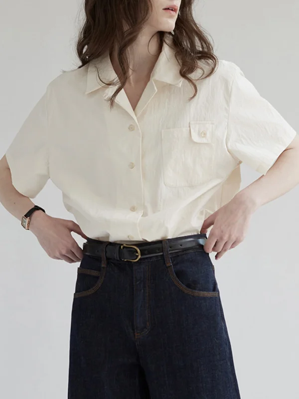 Loose Short Sleeves Buttoned Pockets Solid Color Notched Collar Blouses&Shirts Tops