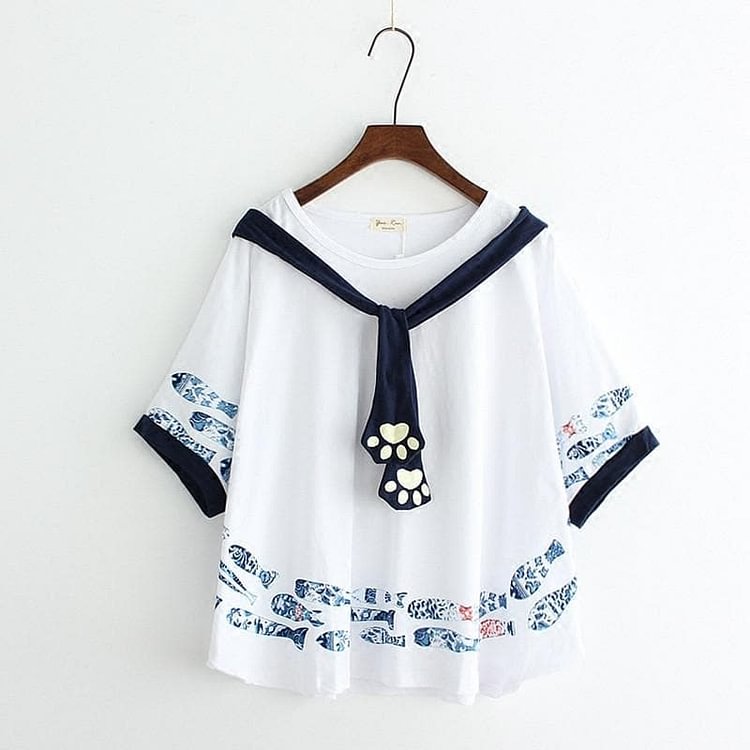 White/Beige Kawaii Harajuku Fish Kitty Paw Top SP1710298