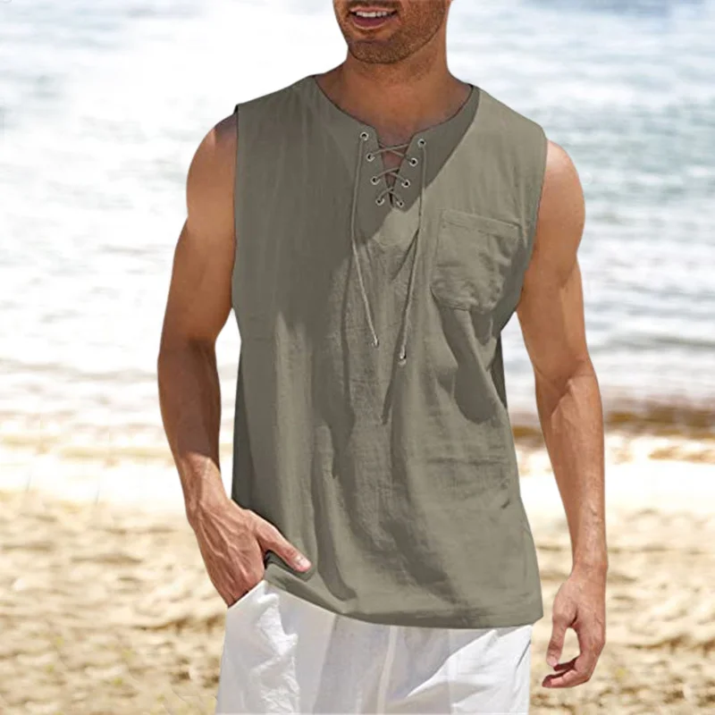 Lace-Up Linen Tank Top-inspireuse