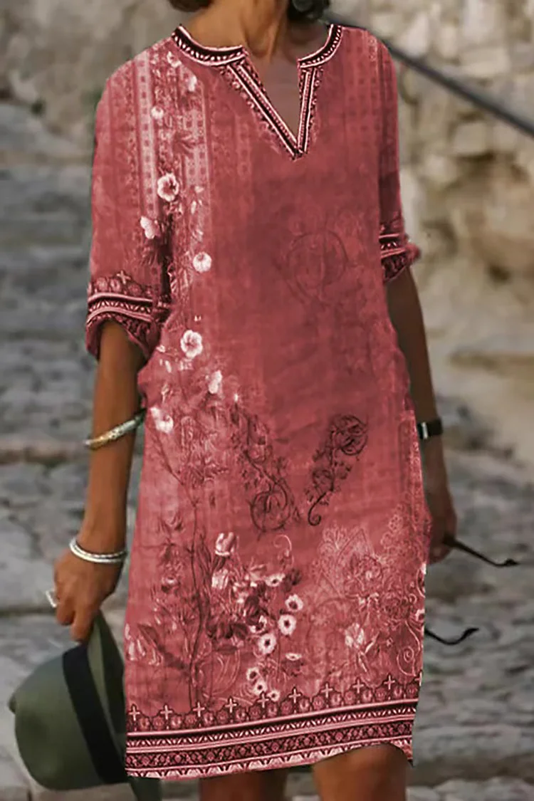 Linen Floral printed linen V Neck Tribal embroidered linen Half Sleeve Casual Midi Dress