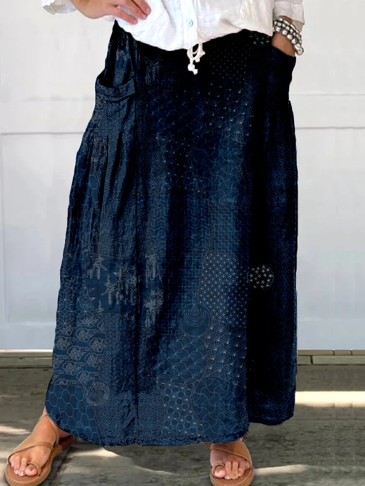 Comstylish Japanese Traditional Sashiko Art Linen Blend Pocket Half Skirt