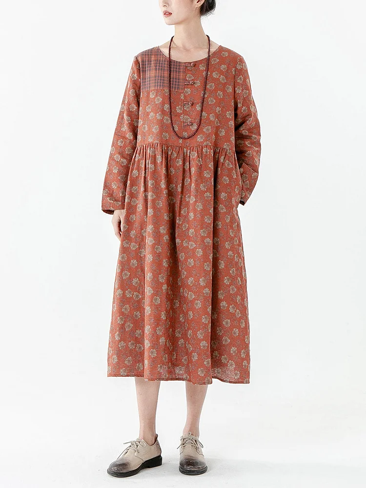 PLUS Size - Cotton Vintage Floral Plaid Pocket Long Sleeve Dress