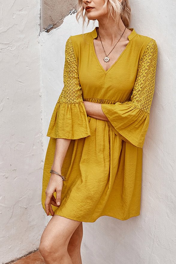 Casual V-neck Lace Panel Tunic Dress - Life is Beautiful for You - SheChoic