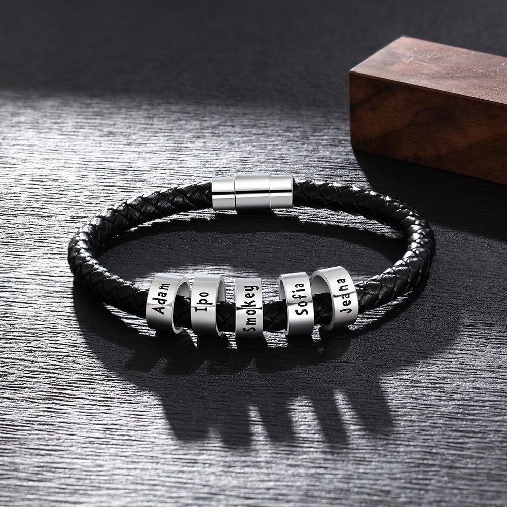 Leather Braided Rope Bracelet For Men Engraved Mens Bracelet Black With