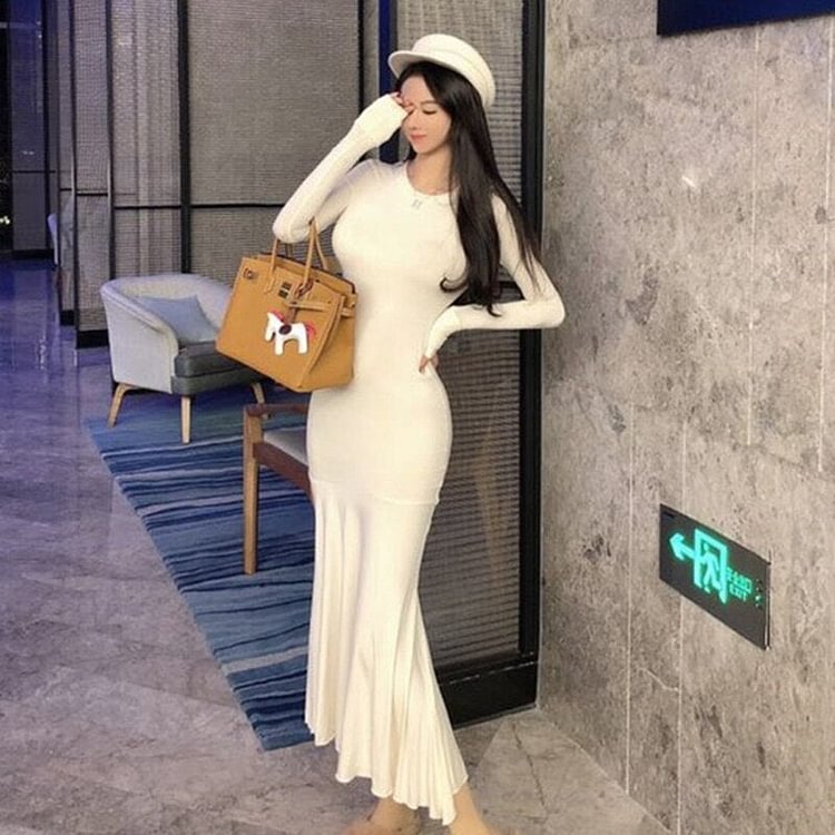 Autumn and winter slim long dress female sense bag hip fishtail dress fashion long sleeve dress - BlackFridayBuys