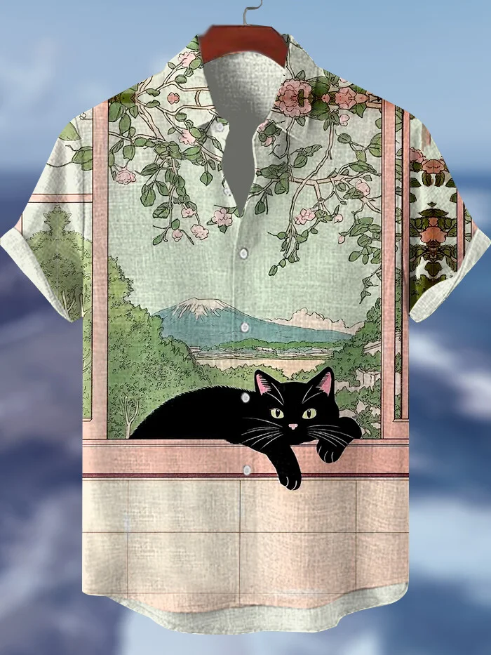 Men's Black Cat Lying On The Window Mount Fuji Japanese Art Print Shirt