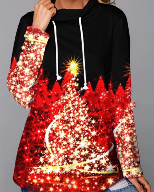 Drawstring Red Christmas Tree Print Highneck Sweatshirt - Chicaggo