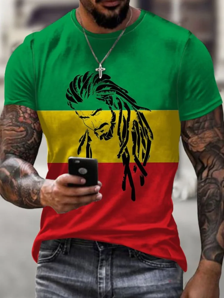 Reggae Print Contrast Casual Short Sleeve T Shirt