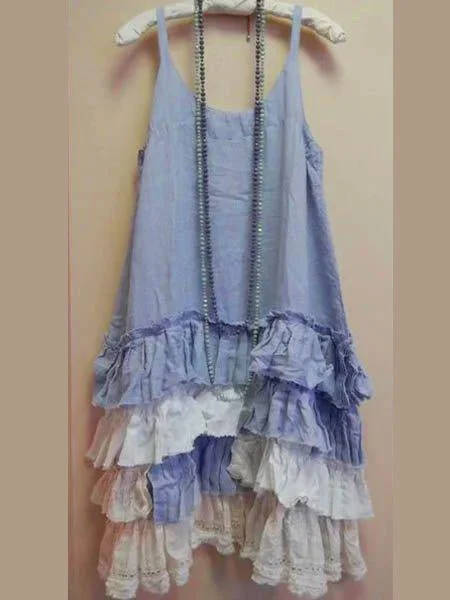 Linen Blue Shift Sleeveless Round Neck Dresses