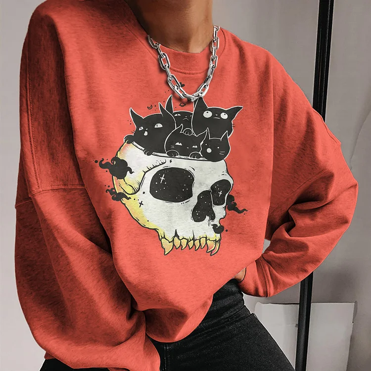 Vefave Cat Skull Print Crew Neck Sweatshirt