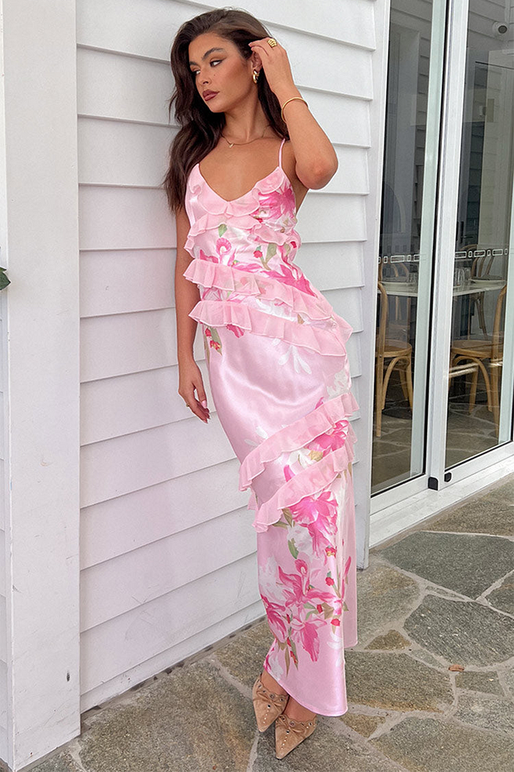 Floral Print Asymmetric Flounced Trim Backless Slip Maxi Dresses-Pink