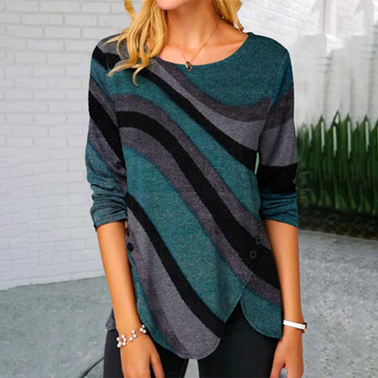 Vefave Vintage Irregular Striped Printed Crew Neck T-Shirt