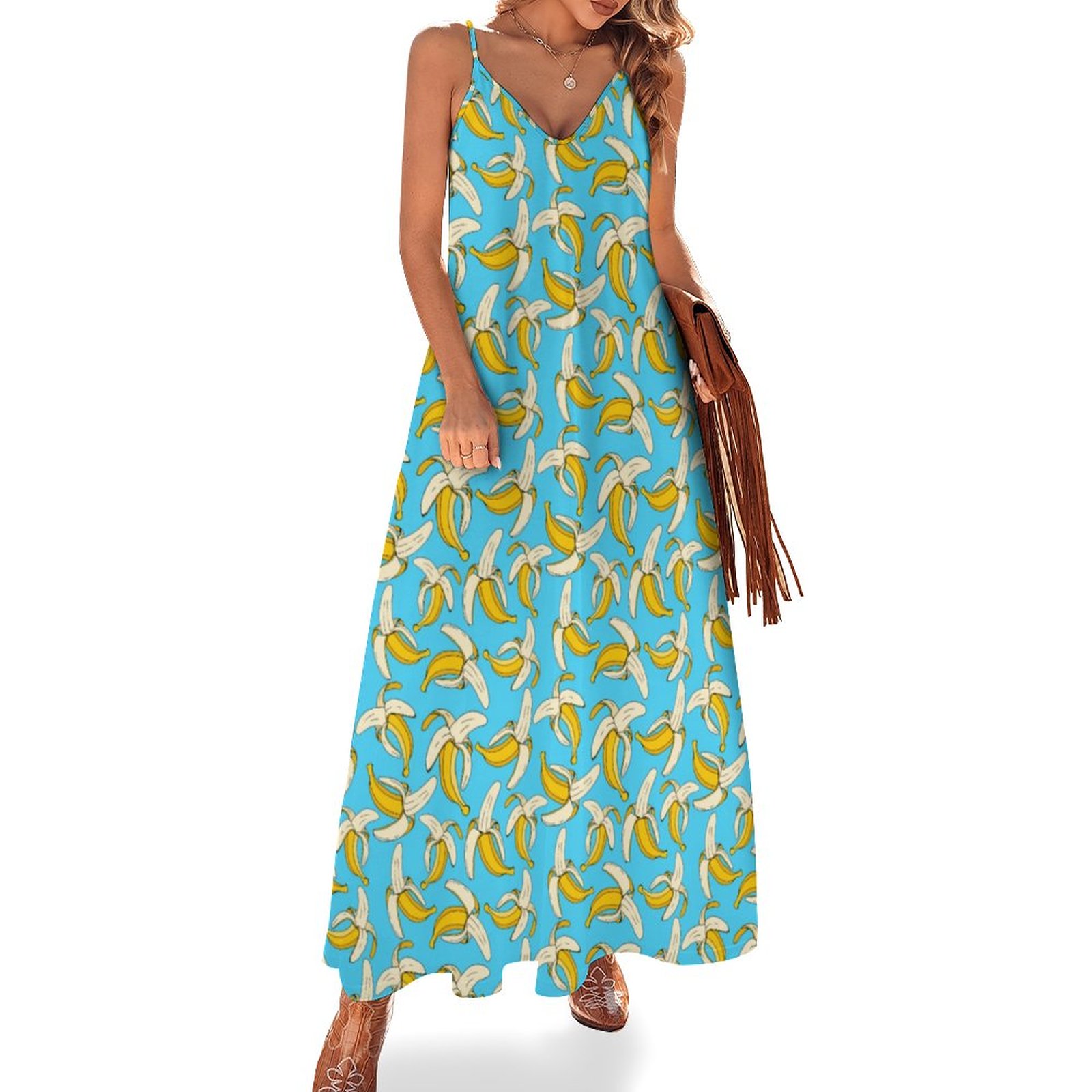 Funky Tropical Banana Trendy Fruit Patterned Women's Casual Strappy V Neck Sleeveless Flowy Loose Long Maxi Beach Dress Sundress Light Blue-3XL