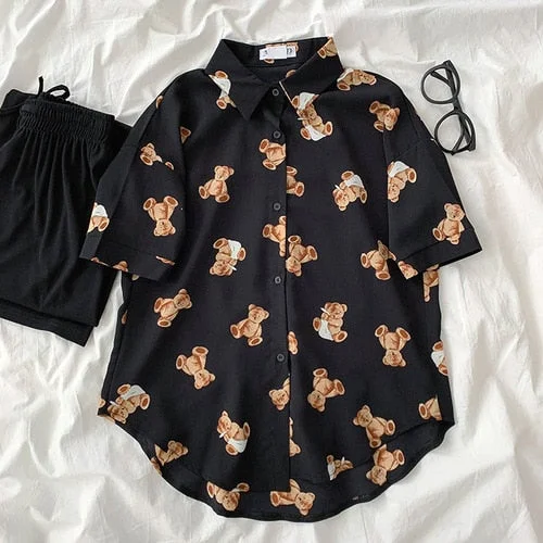 Korean Oversized Blouse Cartoon Print Casual Tops BE027