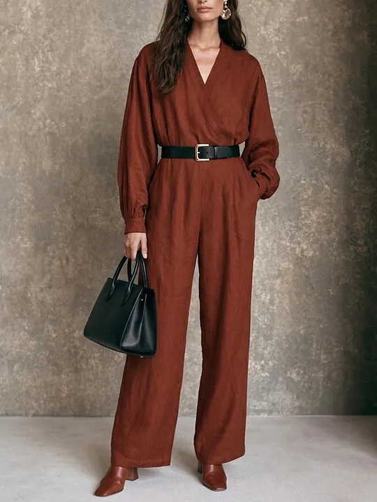 Women's V-Neck Long-Sleeve Wide-Leg Jumpsuit With Waist-Defining Fit MD