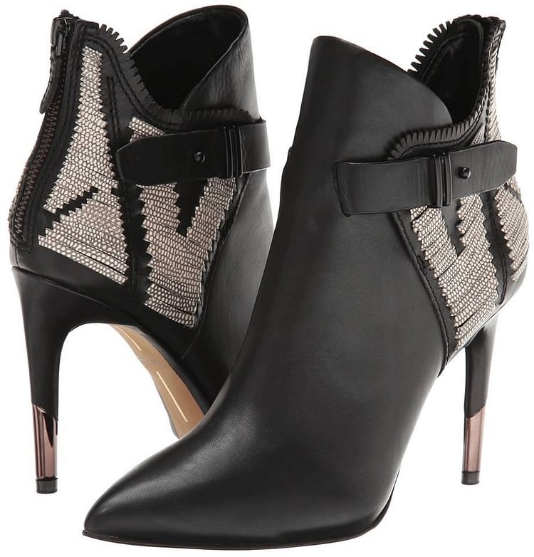 Black Stiletto Boots Pointy Toe Buckle Ankle Booties for Work |FSJ Shoes