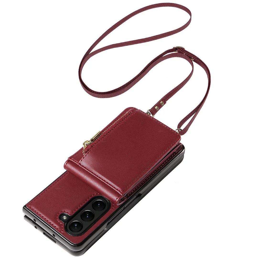 Retro Leather Phone Case With Wrist Strap,3 Cards Holder,Zipper Slot And Kickstand For Galaxy Z Fold5