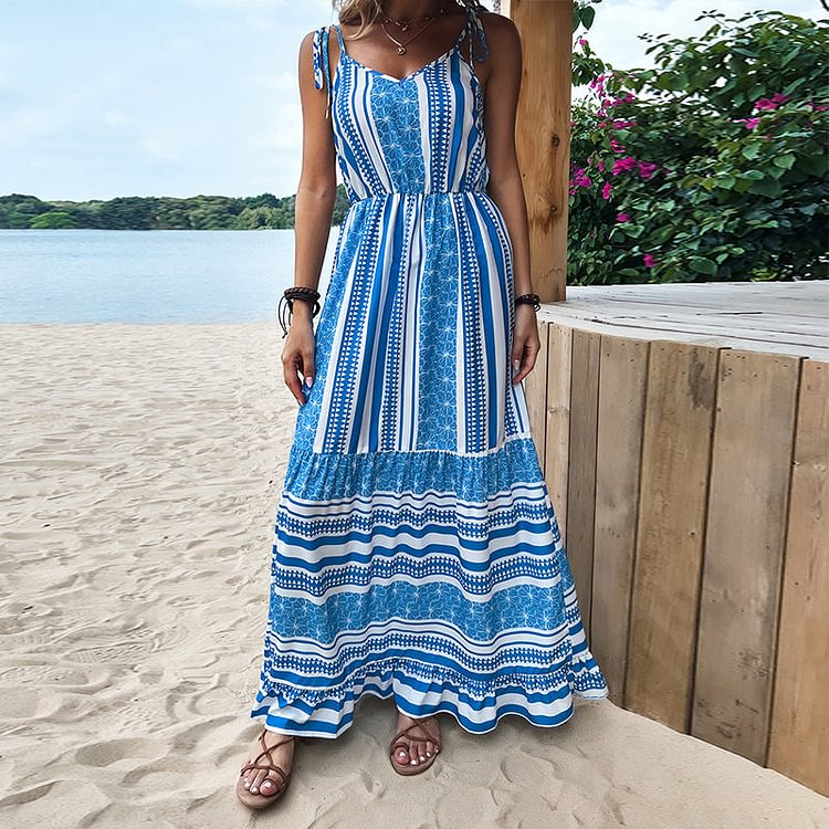 Striped Crew Neck Strap Ladies Dress socialshop
