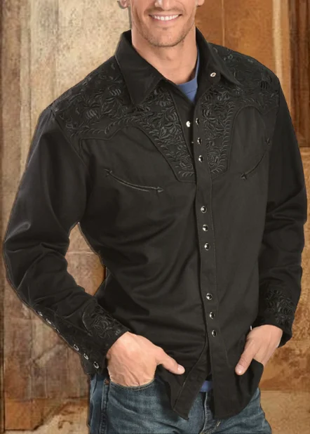 MEN'S BLACK FLORAL EMBROIDERED RETRO LONG SLEEVE WESTERN SHIRT