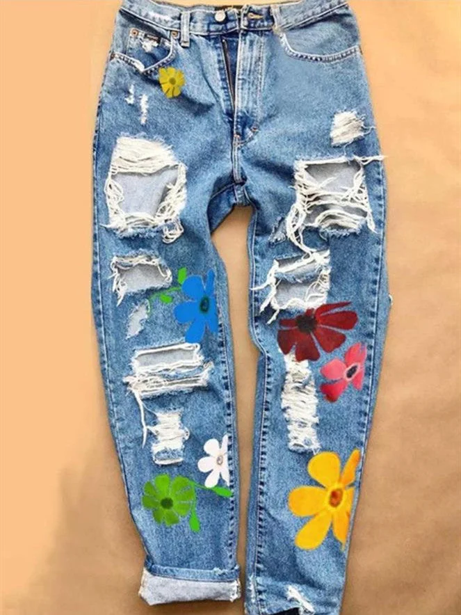 Ripped fashion high-waist straight-leg pants women jeans trousers socialshop
