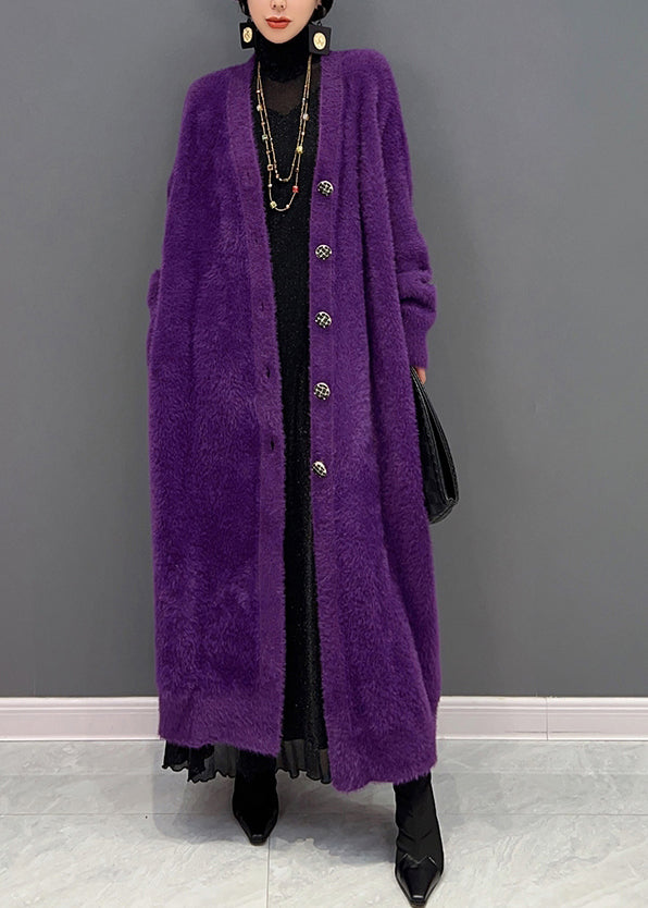 Purple V-Neck Button Pocket Cardigan