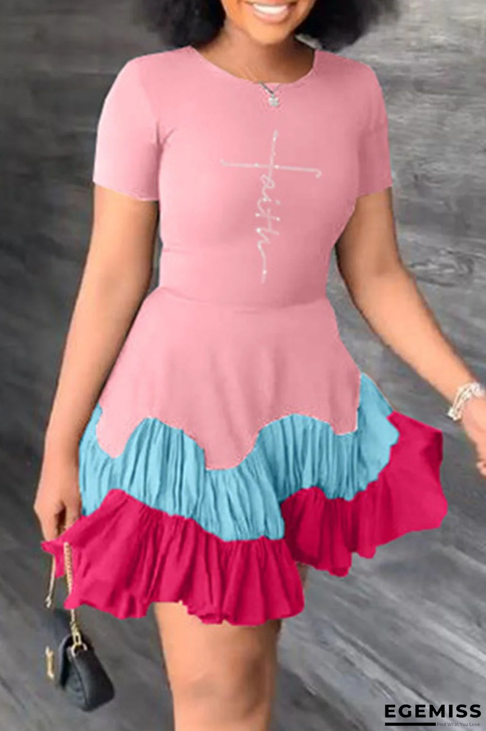 Pink Fashion Casual Print Patchwork O Neck Short Sleeve Dress | EGEMISS