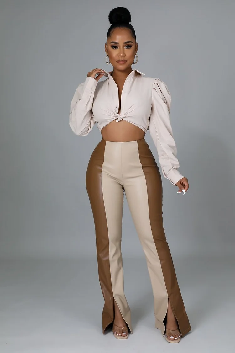 Color Block Faux PU Leather Pants Split Trouser