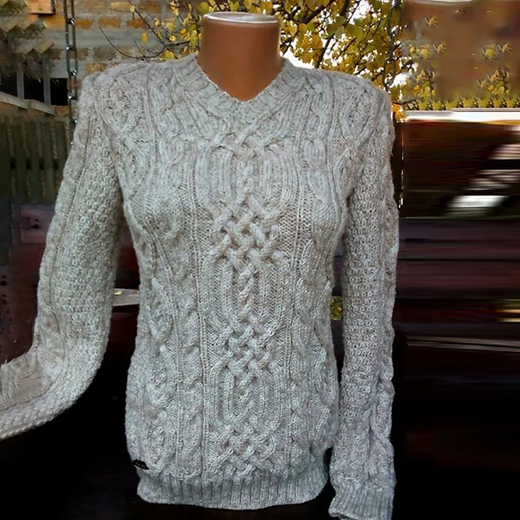 Woman Aran Jacquard Weave V Neck Cozy Warm Sweater