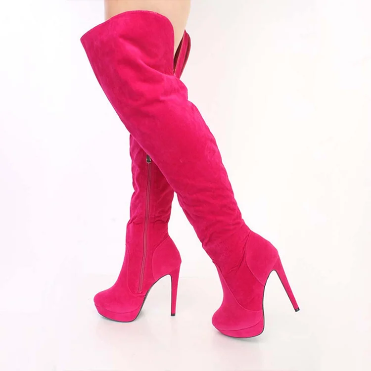 Hot Pink Platform Boots Vegan Suede Stiletto Heel Over-the-Knee Boots |FSJ Shoes