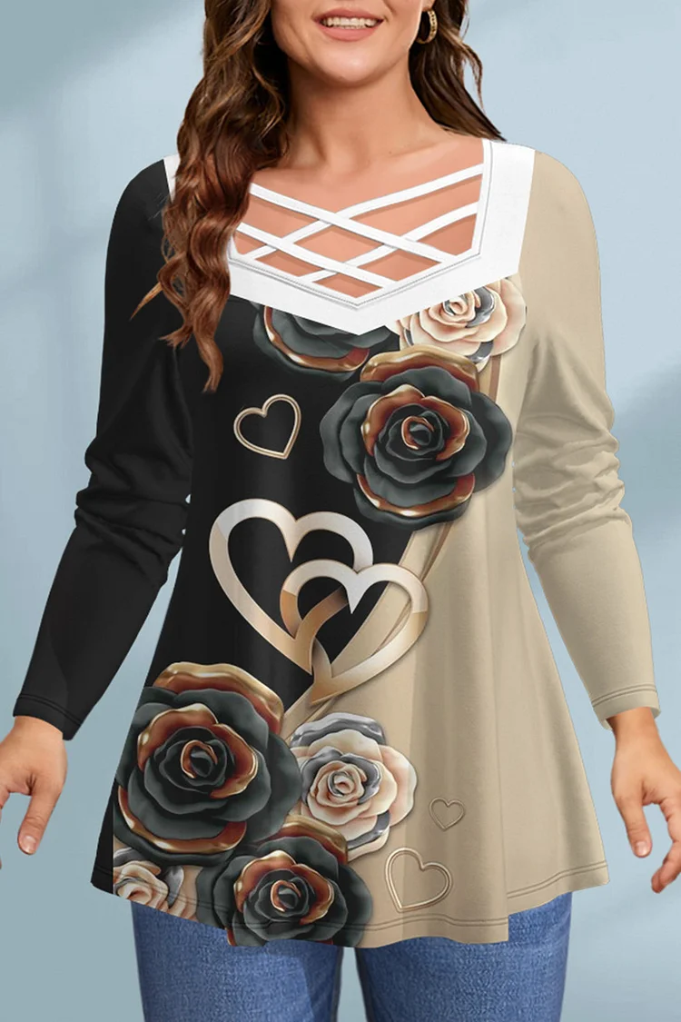 Flycurvy Plus Size Valentine'S Day Black Heart Shaped Rose Print Patchwork Cross Strap Blouse
