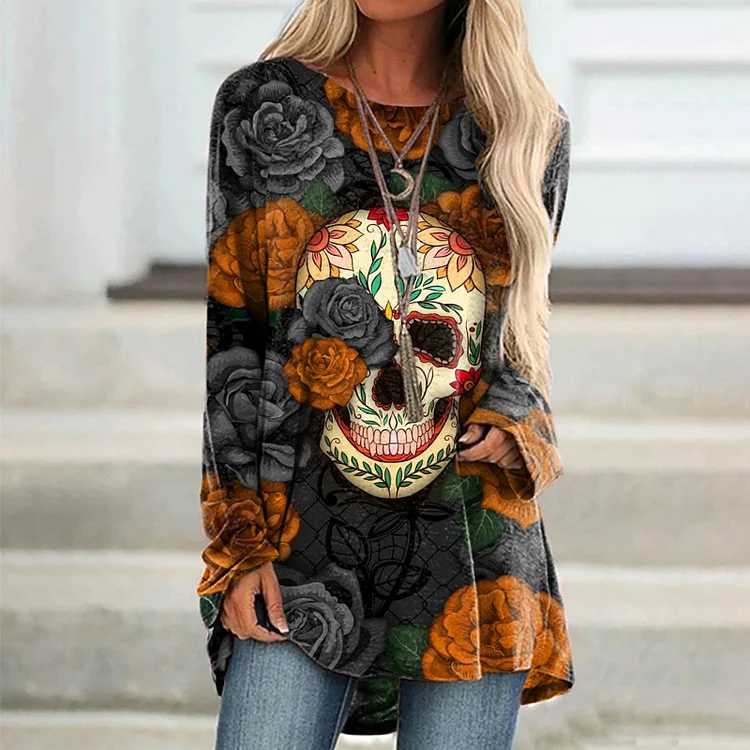 Vefave Marigold Skull Print Long Sleeve Tunic