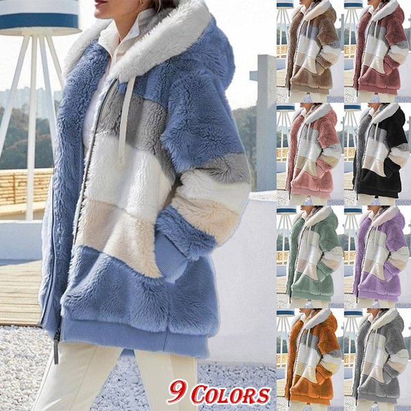 New Winter Women's Jacket Hooded Warm Plush Loose Jacket for Women Patchwork Winter Outerwear Faux Fur Zipper Ladies Parka Coat Plus Size