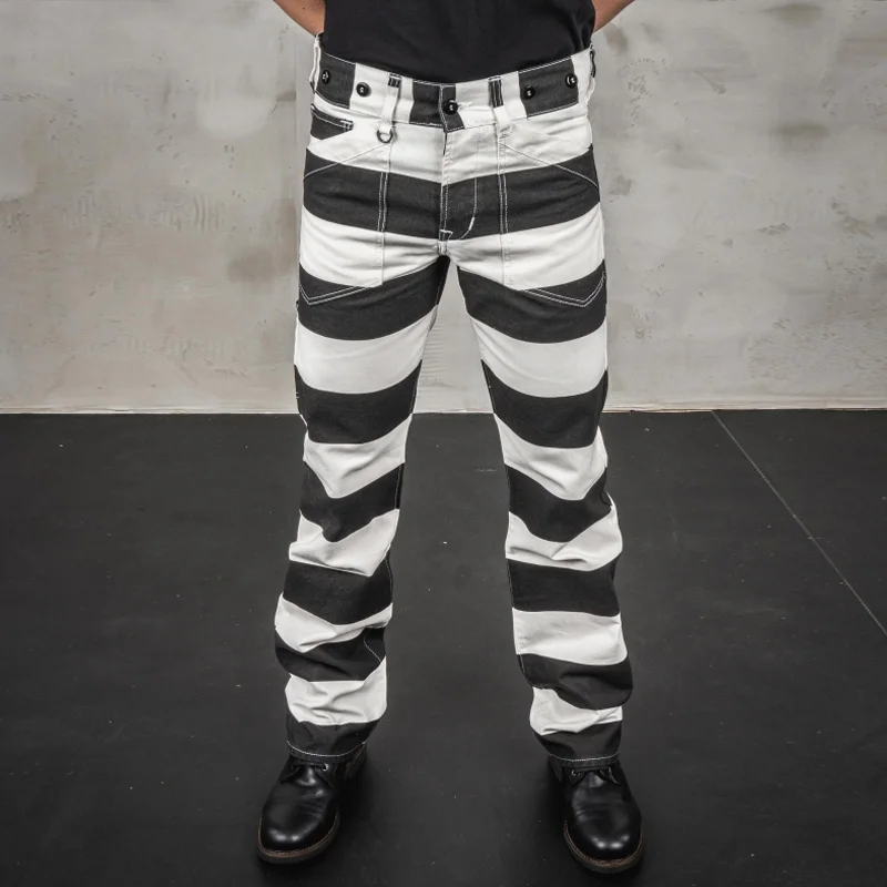 Vintage Wide Striped Cotton Canvas Motorcycle Straight Pants