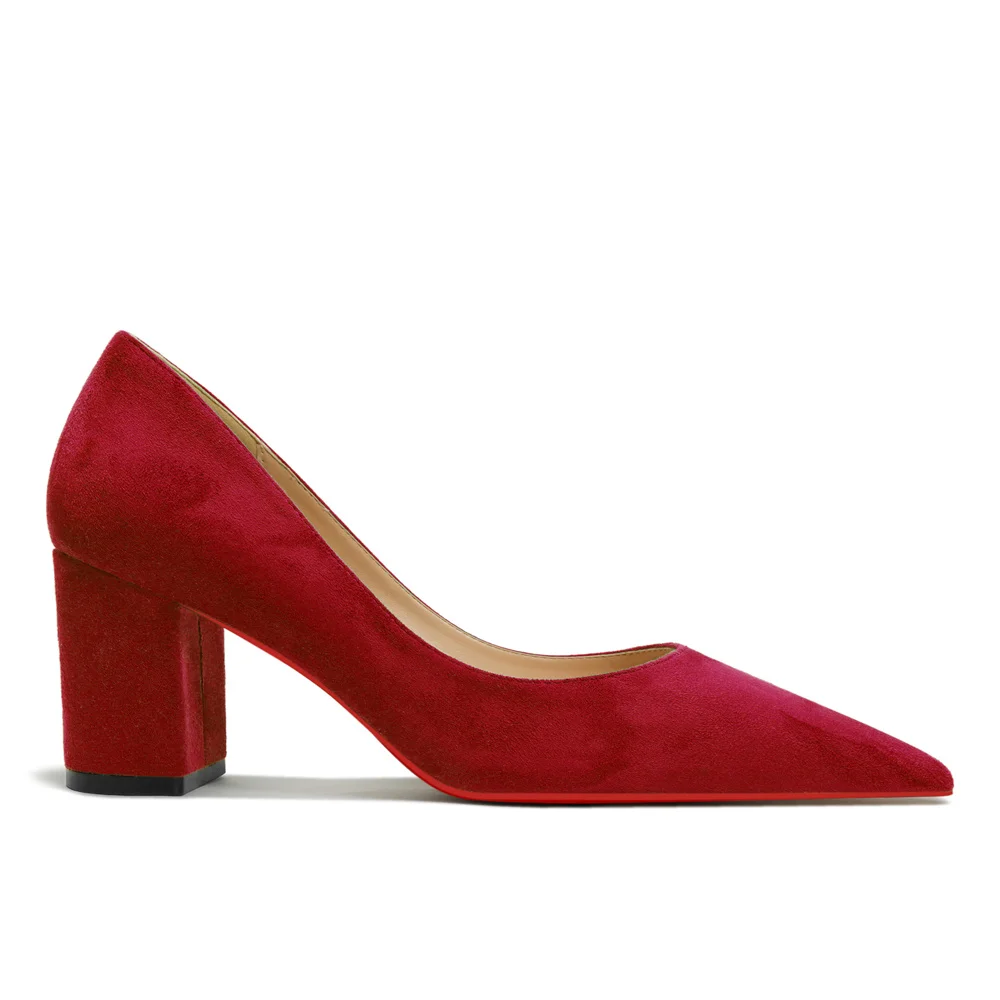 65mm Women Chunky Heels Red Bottom Shoes Comfortable Middle Block Heel Pumps Suede-MERUMOTE