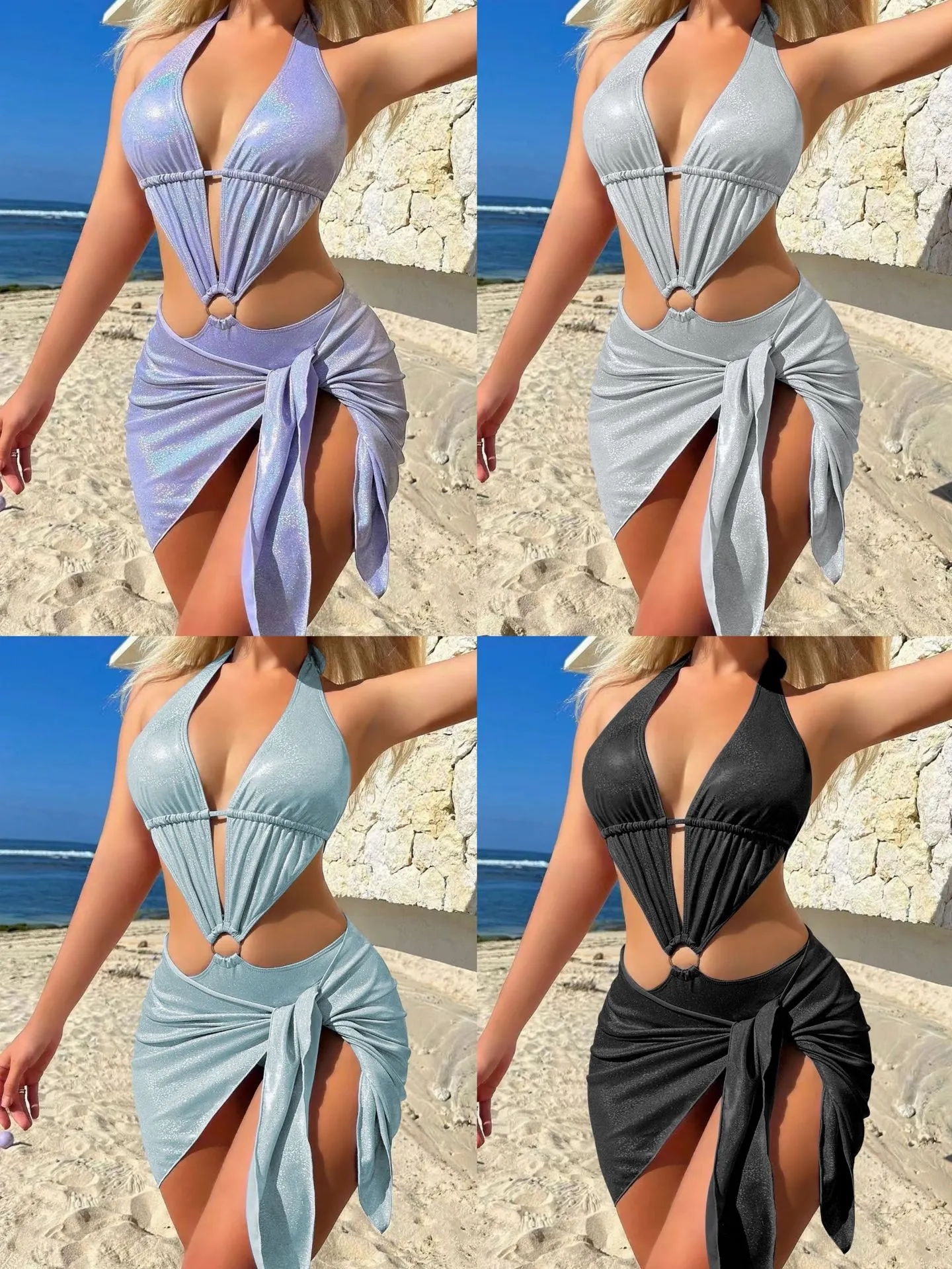 Uveng 2024 New Bright Two Piece Set Hollow One Piece Swimsuit Bikini Bikini