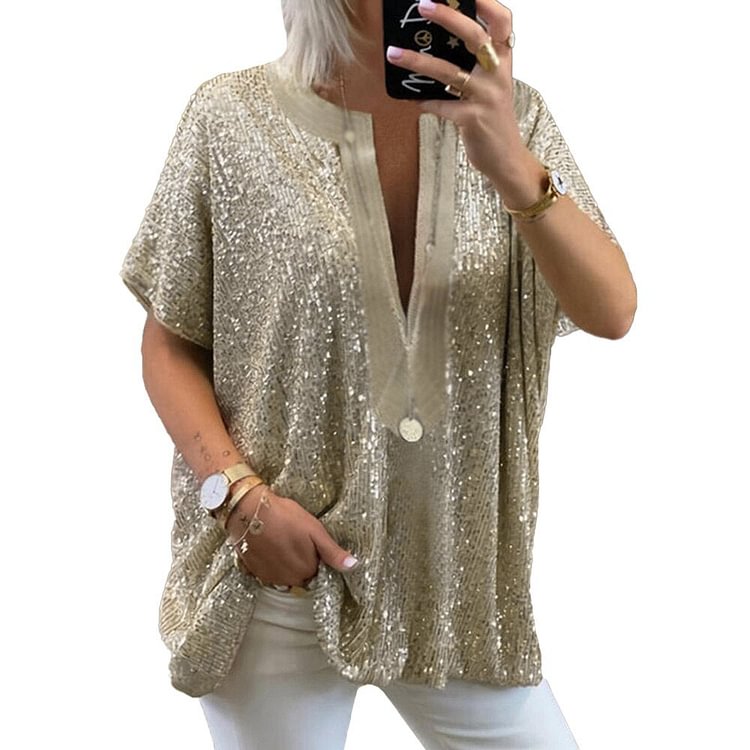Sequin Patchwork T-shirt Short Sleeve Tops Tee Shirts Summer Women Blouse V Neck Harajuku Tops Casual Loose Tshirt Female D30 - BlackFridayBuys