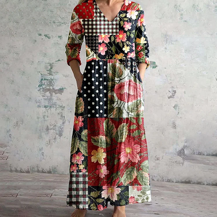 VChics Vintage Japanese Art Flower Print V-Neck Casual Midi Dress