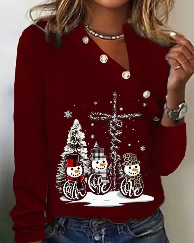 Casual Loose Buttoned Christmas Long sleeve T-Shirt