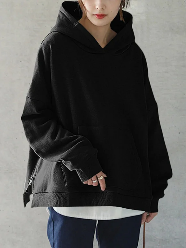 Casual Roomy Zipper Split-Side Pure Color Hoodies Top
