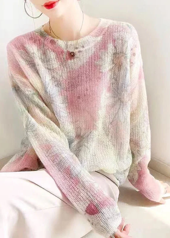 Casual Pink Print Patchwork Cozy Knit Top Long Sleeve