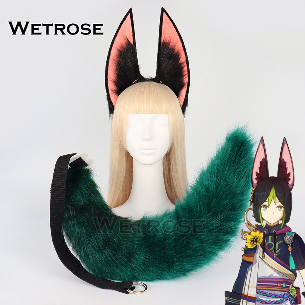 Wetrose】In Stock Tighnari Fox Girl Cosplay Ear Tail Man Furry Fuzzy Hairy  Costume Тигнари Genshin Sexy Set Wig Halloween Xmas