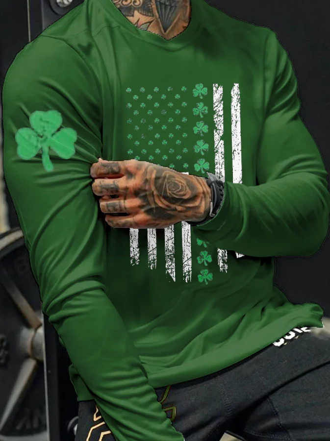 Men's Clover American Flag Print St Patrick's Day Long Sleeve Tee