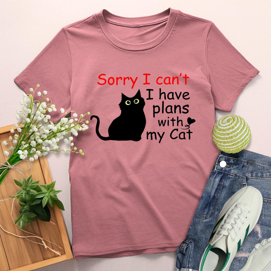 Sorry,I Can't i have Plans With My Cat Round Neck T-shirt-0025163-Guru-buzz