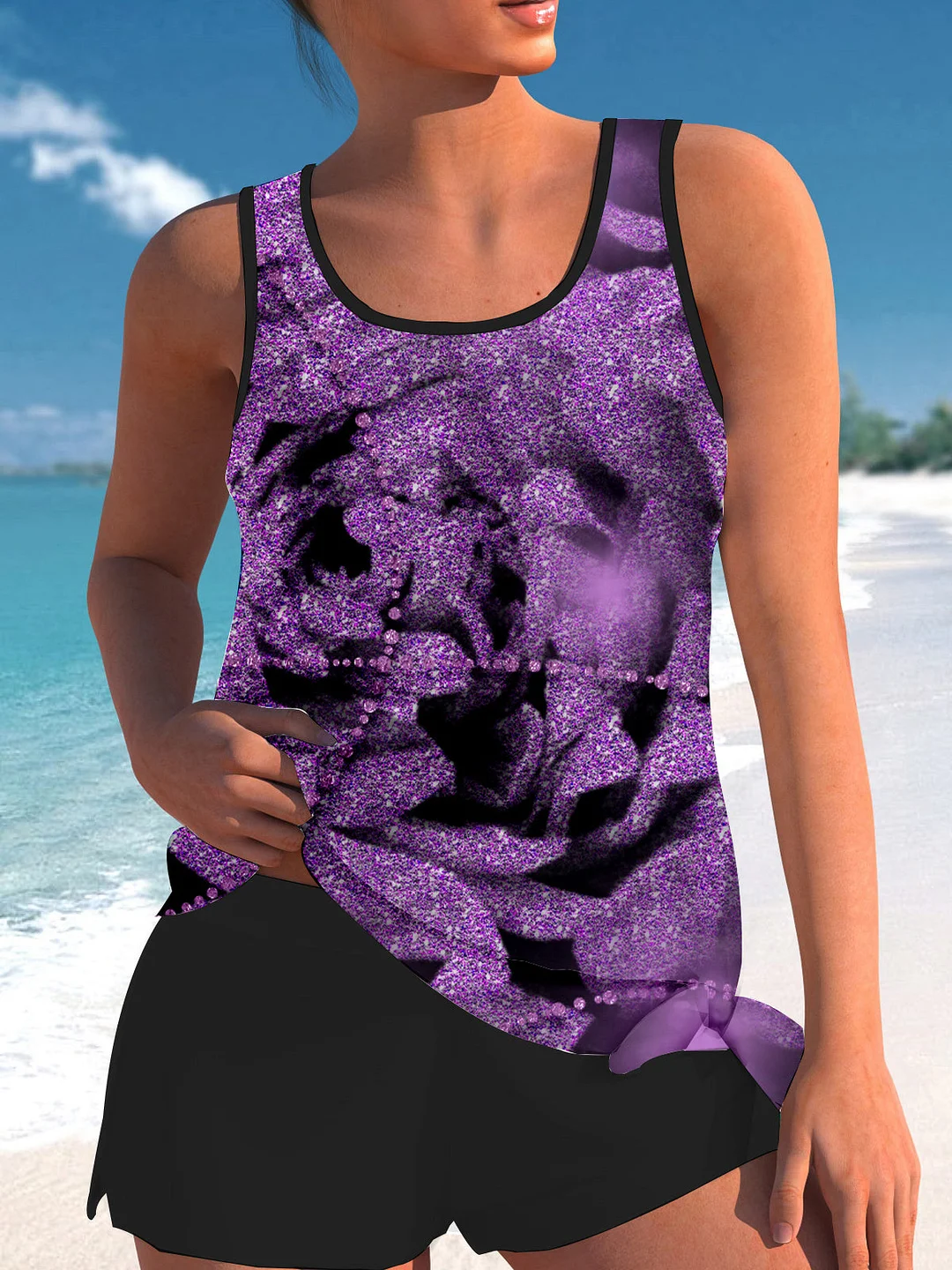 Bowknot Purple Polka Dot Printed Graphic Mid Waisted Tankini Set - Plus Size Available