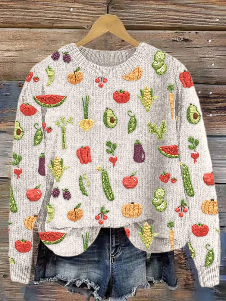 VChics Vegetables & Fruits Embroidery Art Cozy Knit Sweater