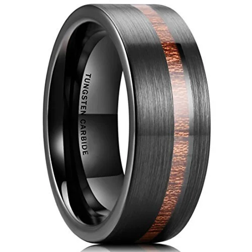 Women's Or Men's Wedding Tungsten Carbide Wedding Band Rings,Black with Koa Wood Slice Inlay,Flat Edged Tungsten Carbide Ring,Comfort Fit Brushed Tungsten Carbide Wedding Ring With Mens And Womens For Width 4MM 6MM 8MM 10MM