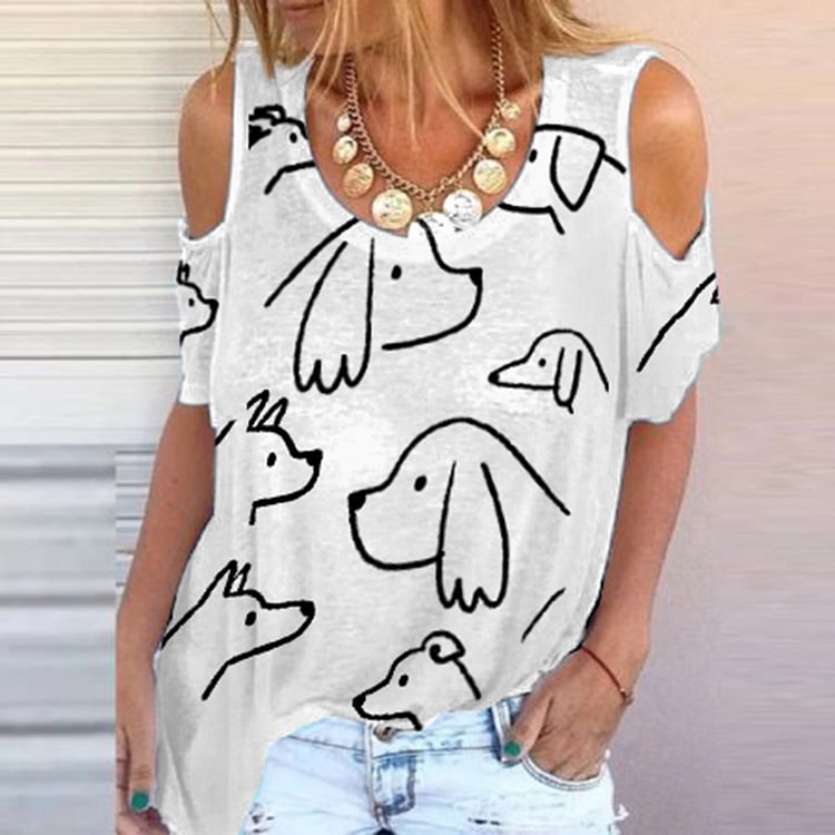 Puppy Print Short-Sleeve Off-The-Shoulder T-Shirt