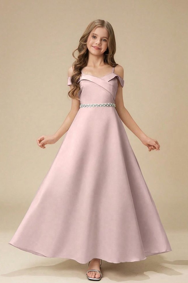 Daisda Spaghetti Straps Sleeveless Off Shoulder A Line Junior Bridesmaid Dress