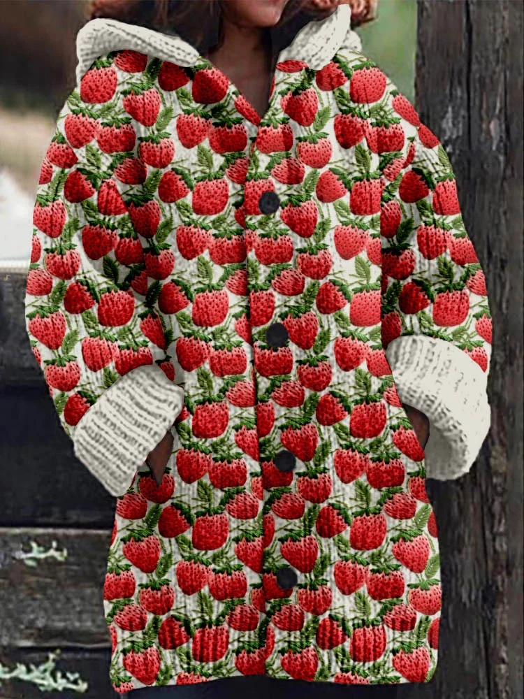 VChics Strawberry Embroidery Art Pattern Cozy Knit Cardigan